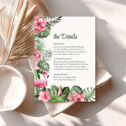 Tropical Flowers en Flamingo Wedding Details Kaart