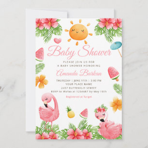 Tropical Flowers Flamingo Beach Girl Baby shower Kaart
