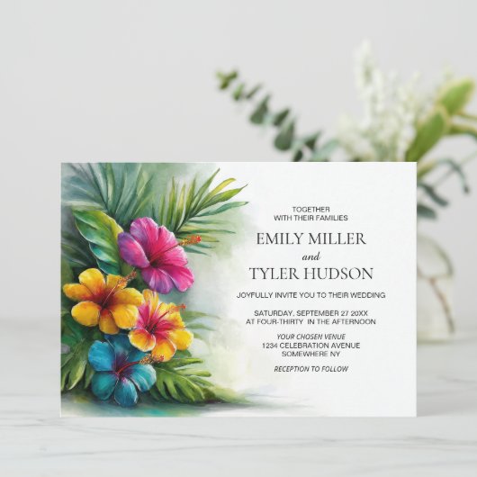 Tropical Flowers Greenery Wedding Kaart (Staand voorkant)