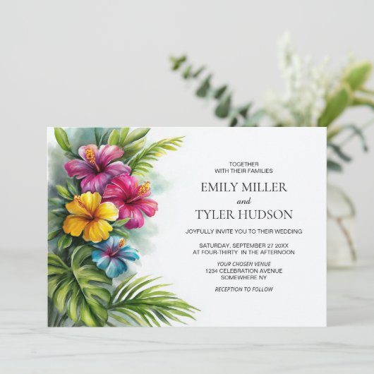 Tropical Flowers Greenery Wedding Kaart (Staand voorkant)