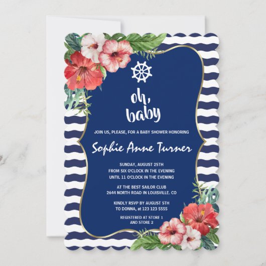 Tropical Flowers Luau Navy Stripes BABY SHOWER Kaart (Voorkant)