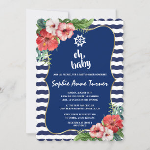 Tropical Flowers Luau Navy Stripes BABY SHOWER Kaart