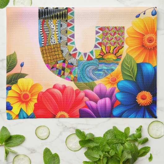 Tropical Flowers Monogram C Kitchen Towel Theedoek (Gevouwen)
