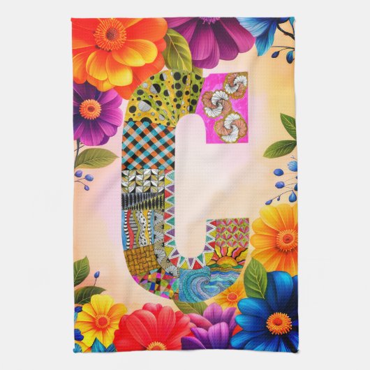 Tropical Flowers Monogram C Kitchen Towel Theedoek (Verticaal)