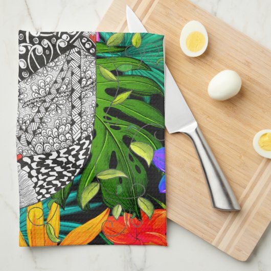 Tropical Flowers Monogram J Kitchen Towel Theedoek (Quarter Fold)