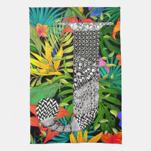 Tropical Flowers Monogram J Kitchen Towel Theedoek (Verticaal)