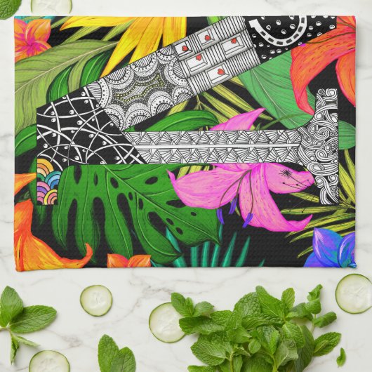Tropical Flowers Monogram M Kitchen Towel Theedoek (Gevouwen)
