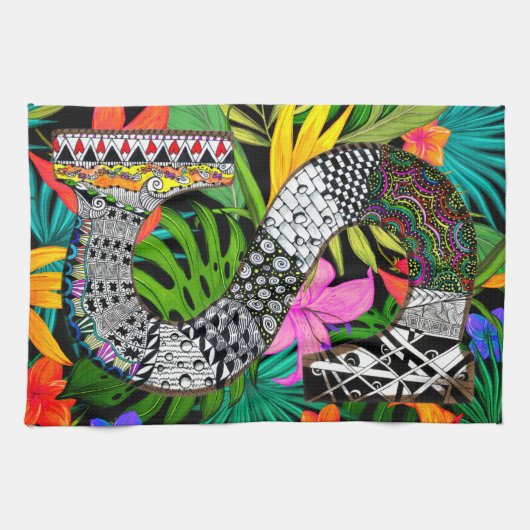 Tropical Flowers Monogram S Kitchen Towel Theedoek (Horizontaal)
