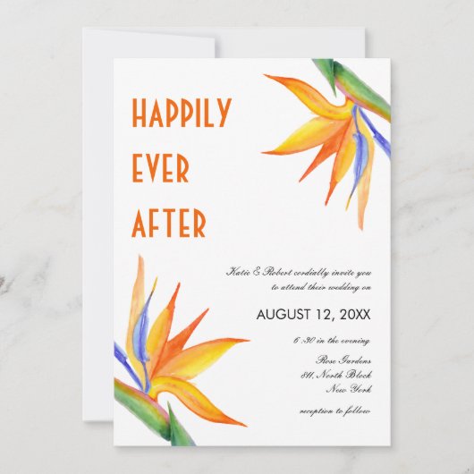 Tropical Flowers Oranje Modern Script Wedding Kaart (Voorkant)