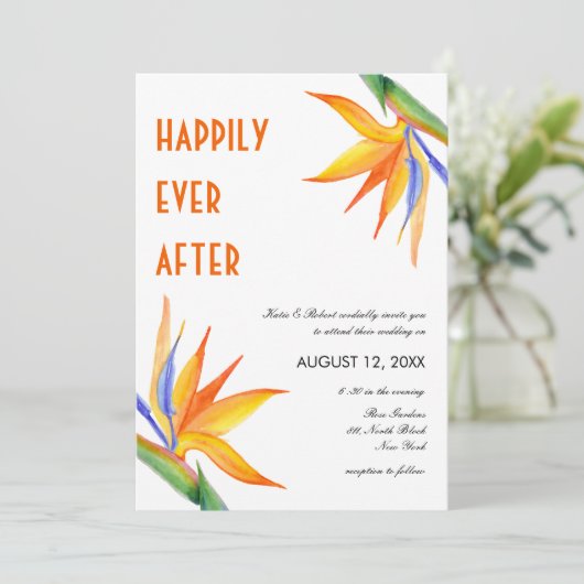 Tropical Flowers Oranje Modern Script Wedding Kaart (Staand voorkant)