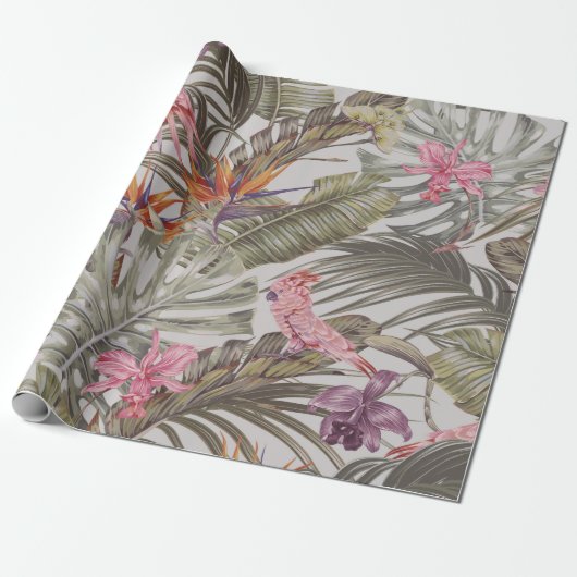 Tropical flowers, palm leaves, bird of paradise  cadeaupapier (Uitgerold)