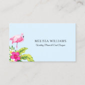 Tropical Flowers & Pink Flamingo On Blue Business Visitekaartje (Voorkant)