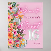 Tropical Flowers Pink Neon Glow Sweet 16 Welcome Poster (Voorkant)