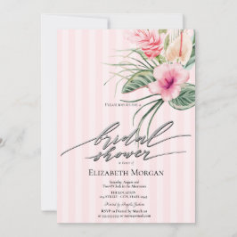 Tropical Flowers Pink Stripes Bridal Shower Kaart
