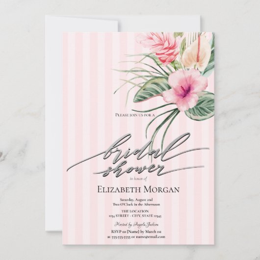 Tropical Flowers Pink Stripes Bridal Shower Kaart (Voorkant)