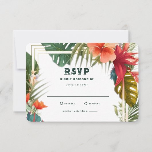 Tropical Flowers Zomer Locatie Bruiloft RSVP Kaart (Voorkant)