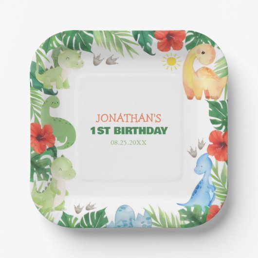 Tropical Forest Dinosaur Kids Birthday Papieren Bordje (Voorkant)