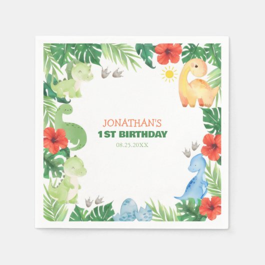 Tropical Forest Dinosaur Kids Birthday Servet (Voorkant)