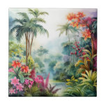 Tropical Forest Tegeltje<br><div class="desc">A Watercolour landscape of a tropical forest with colourful flowers</div>