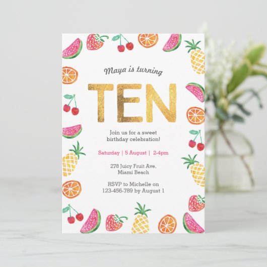 Tropical Fruit Gold 10e verjaardag uitnodiging (Staand voorkant)