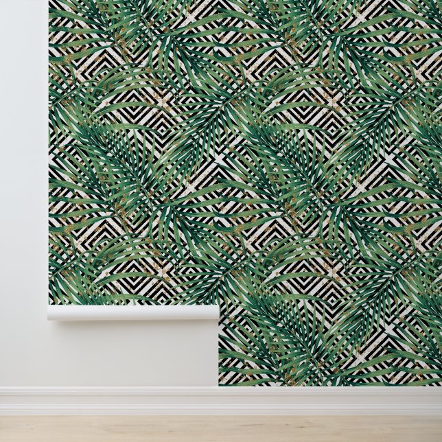 Tropical geometry - green leaves gold and shapes behang (Applicatie)