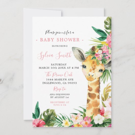 Tropical Giraffe Meisje Baby shower Uitnodiging (Voorkant)
