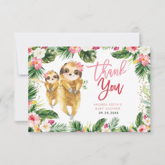 Tropical Girl Sloth Baby shower Dank u kaart (Voorkant)