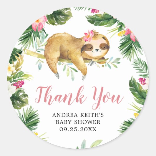 Tropical Girl Sloth Baby shower Dank u Sticker (Voorkant)