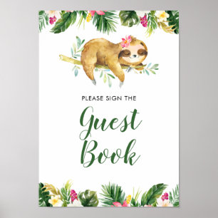 Tropical Girl Sloth Baby shower Gastenboek Poster