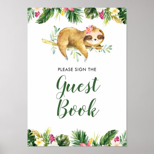 Tropical Girl Sloth Baby shower Gastenboek Poster (Voorkant)