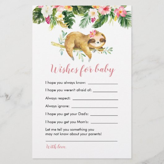 Tropical Girl Sloth Baby shower Wensen voor baby (Voorkant)