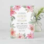Tropical Glitter Flowers Elegant QR Code Wedding Kaart (Staand voorkant)