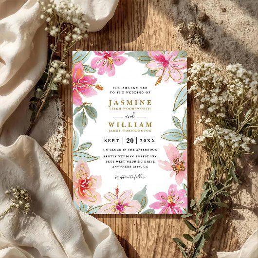Tropical Glitter Flowers Elegant QR Code Wedding Kaart