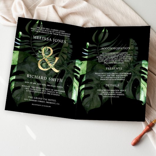 Tropical Gold Monstera Palm Black QR Code Wedding