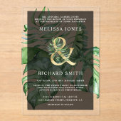 Tropical Gold Monstera Palm Black Wedding  Acryl Uitnodigingen (Voorkant)