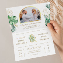 Tropical Gold Monstera Palm Photo QR Code Wedding
