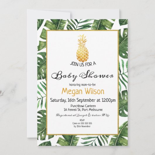 Tropical Gold Pineapple Baby shower Uitnodiging (Voorkant)