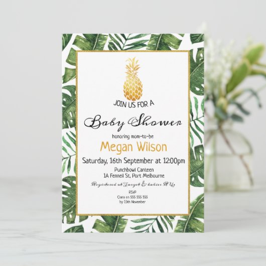 Tropical Gold Pineapple Baby shower Uitnodiging (Staand voorkant)
