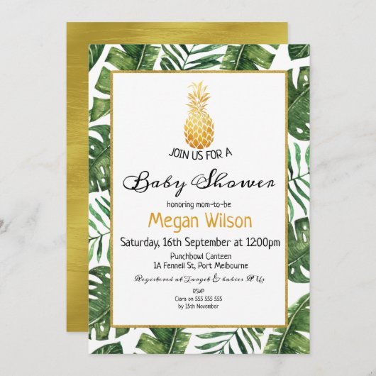 Tropical Gold Pineapple Baby shower Uitnodiging (Voorkant / Achterkant)