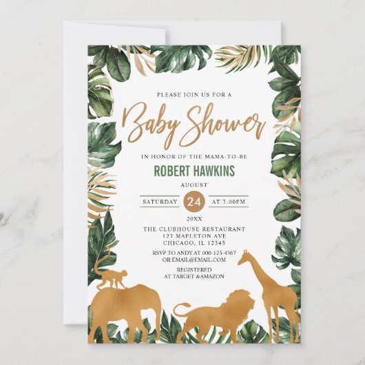 Tropical Gold Safari Animals Oerwoud Baby shower Kaart (Voorkant)