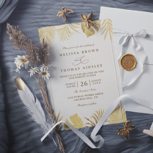 Tropical Golden Paradise Elegant QR Code Wedding Kaart