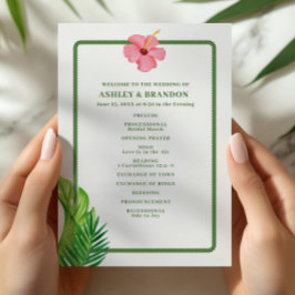 Tropical Green and Pink Flower Coastal Wedding Programmakaart