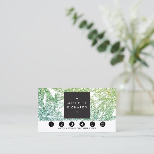 Tropical Green/Aqua Glitter Palms Loyalty Kaart (Staand voorkant)
