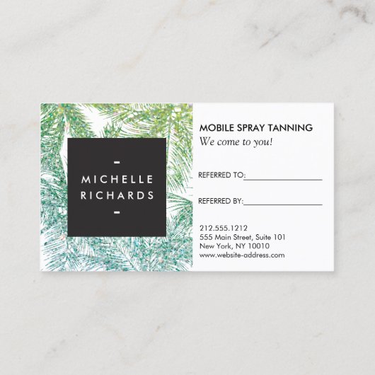 Tropical Green/Aqua Glitter Palms Referral Kaart (Achterkant)