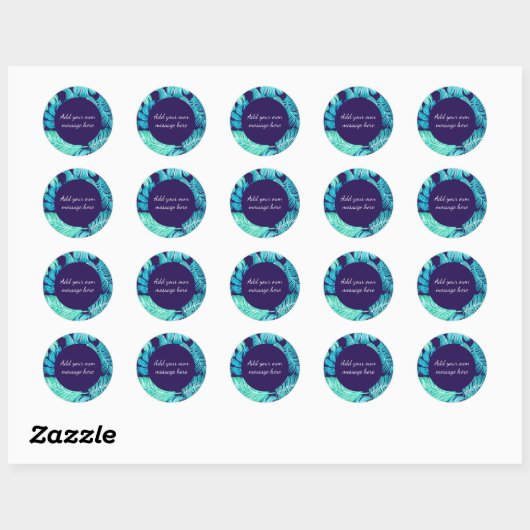 Tropical Green Blue Leaves Pattern Custom Text Ronde Sticker (Vel)
