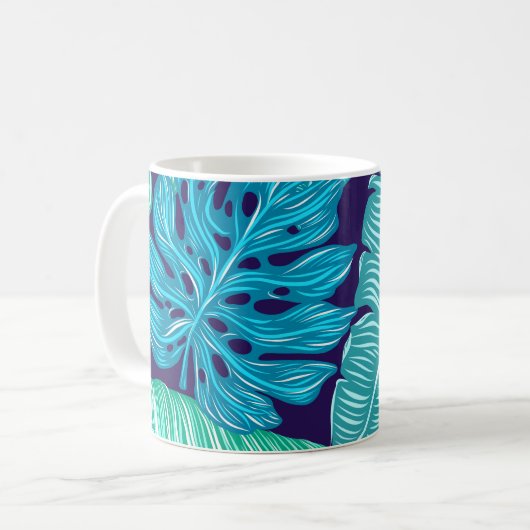 Tropical Green Blue Leaves Pattern Koffiemok (Voorkant links)
