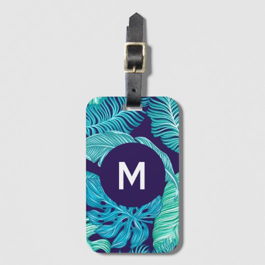 Tropical Green Blue Leaves Pattern Monogram Bagagelabel (Voorkant (verticaal))