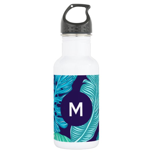 Tropical Green Blue Leaves Pattern Monogram Waterfles (Voorkant)