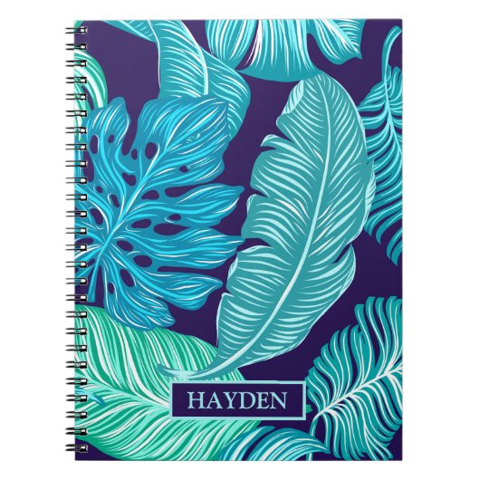 Tropical Green Blue Leaves Pattern Personalised Notitieboek (Voorkant)