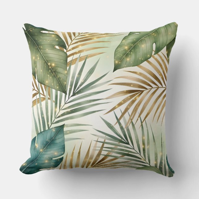 Tropical Green & Gold Leaves Decorative Pillow  Kussen (Voorkant)